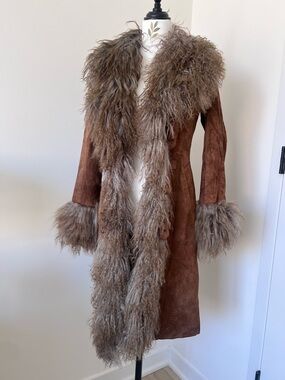 Vero Moda Brown Real Suede Shearling Penny Lane Coat Mongolian Lamb Fur Boho S